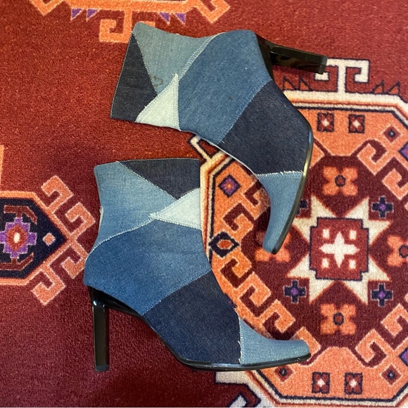 Y2K 2000s Denim Patchwork Ankle Boots Blue Square Toe Heels Booties Size 10 - Picture 8 of 11